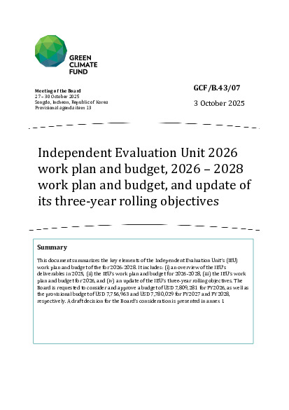 Document cover for Independent Evaluation Unit 2026 work plan and budget, 2026 – 2028 work plan and budget, and update of its three-year rolling objectives