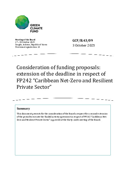 Document cover for Consideration of funding proposals: extension of the deadline in respect of FP242 “Caribbean Net-Zero and Resilient Private Sector”