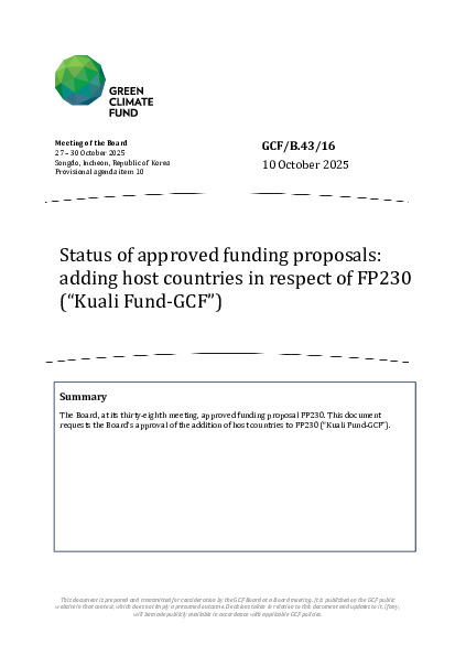 Document cover for Status of approved funding proposals: adding host countries in respect of FP230 (“Kuali Fund-GCF”)