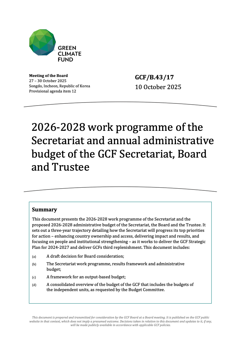 Document cover for 2026-2028 work programme of the Secretariat and annual administrative budget of the GCF Secretariat, Board and Trustee