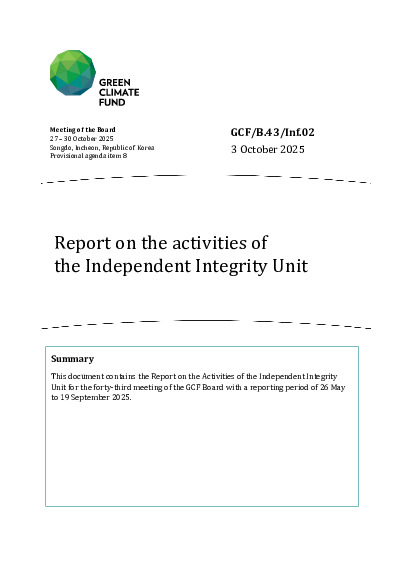 Document cover for Report on the activities of the Independent Integrity Unit