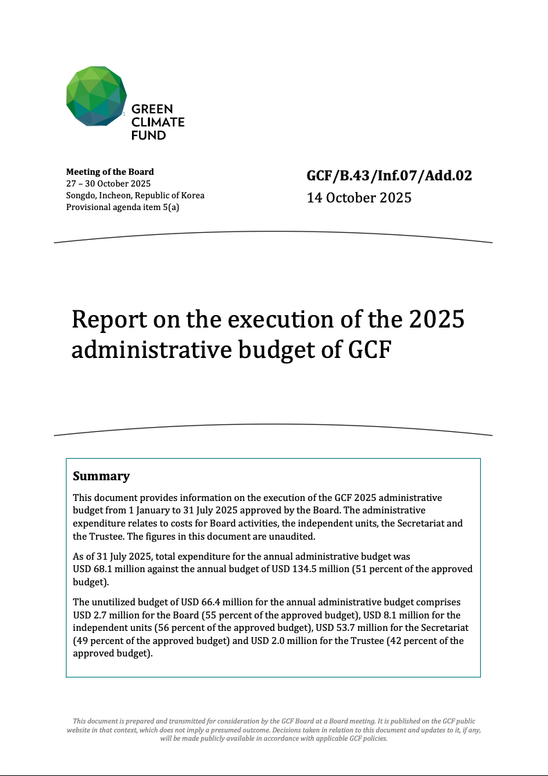 Document cover for Report on the execution of the 2025 administrative budget of GCF
