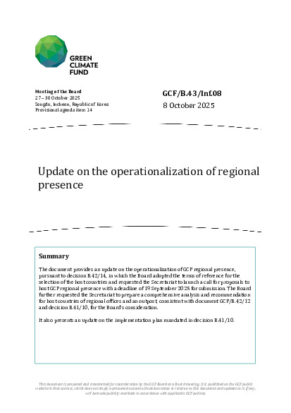 Document cover for Update on the operationalization of regional presence