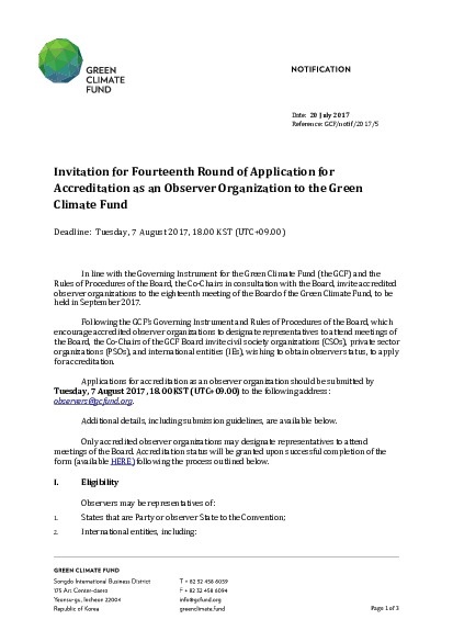 Download Invitation for 14th Round of Application for Accreditation as Observer Organization Document cover for Invitation for 14th Round of Application for Accreditation as Observer Organization