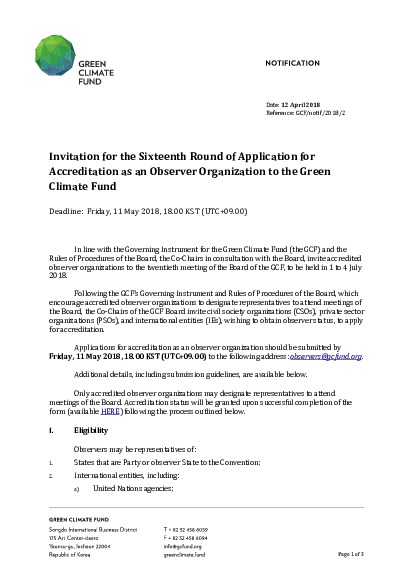 Download Invitation for 16th Round of Application for Accreditation as Observer Organization Document cover for Invitation for 16th Round of Application for Accreditation as Observer Organization