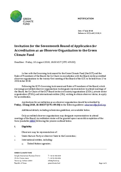 Download Invitation for 17th Round of Application for Accreditation as Observer Organization Document cover for Invitation for 17th Round of Application for Accreditation as Observer Organization