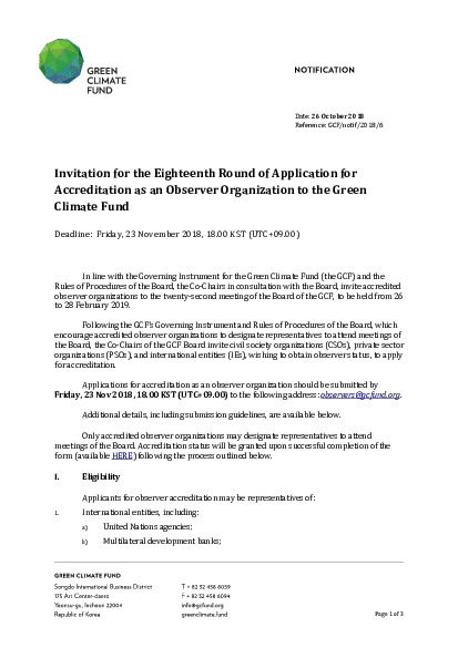 Download Invitation for 18th Round of Application for Accreditation as Observer Organization Document cover for Invitation for 18th Round of Application for Accreditation as Observer Organization