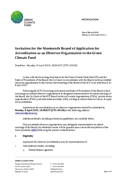 Document cover for Invitation for 19th Round of Application for Accreditation as Observer Organization