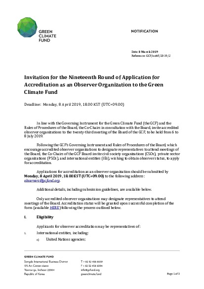 Download Invitation for 19th Round of Application for Accreditation as Observer Organization Document cover for Invitation for 19th Round of Application for Accreditation as Observer Organization