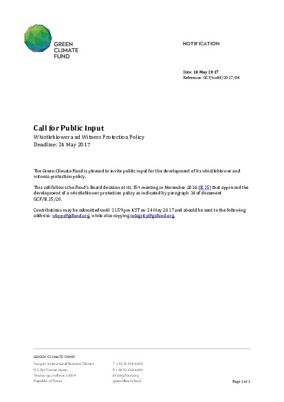 Document cover for Call for public input: Whistleblower and Witness Protection Policy