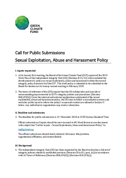 Document cover for Call for public submissions: Sexual Exploitation, Abuse and Harassment Policy