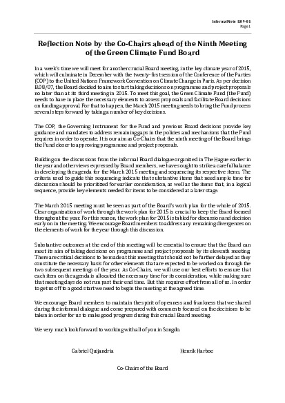 Download Reflection Note by the Co-Chairs ahead of the Ninth Meeting of the Board of the Green Climate Fund Document cover for Reflection Note by the Co-Chairs ahead of the Ninth Meeting of the Board of the Green Climate Fund