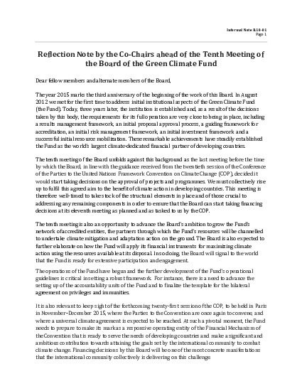 Download Reflection Note by the Co-Chairs ahead of the Tenth Meeting of the Board of the Green Climate Fund Document cover for Reflection Note by the Co-Chairs ahead of the Tenth Meeting of the Board of the Green Climate Fund
