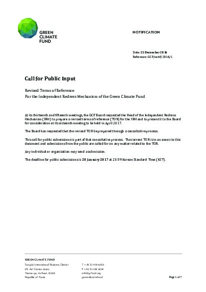 Document cover for Call for public input: Revised Terms of Reference For the Independent Redress Mechanism of the Green Climate Fund