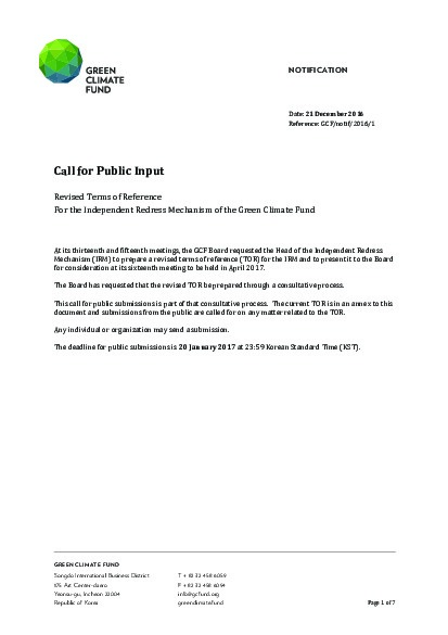 Download Call for public input: Revised Terms of Reference For the Independent Redress Mechanism of the Green Climate Fund Document cover for Call for public input: Revised Terms of Reference For the Independent Redress Mechanism of the Green Climate Fund