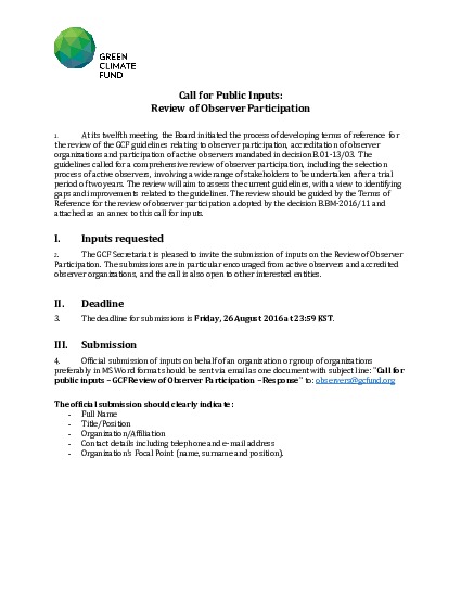 Document cover for Call for public inputs: Review of observer participation