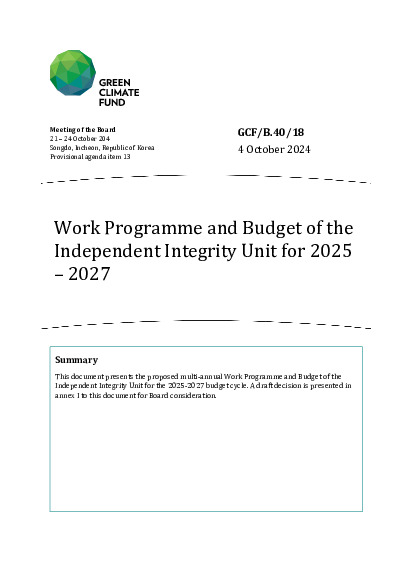 Document cover for Work Programme and Budget of the  Independent Integrity Unit for 2025  – 2027