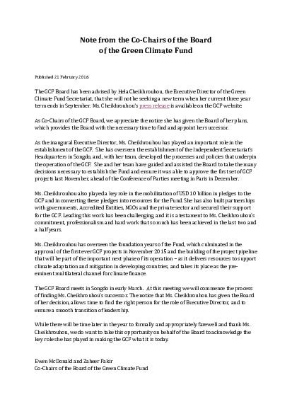 Download Note from the Co-Chairs of the Board of the Green Climate Fund Document cover for Note from the Co-Chairs of the Board of the Green Climate Fund