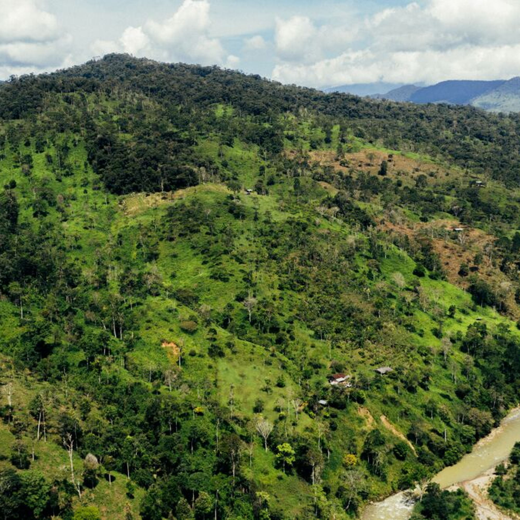 View of a mountain covered by green trees. At the back, a little river. In the background, sky with big clouds.