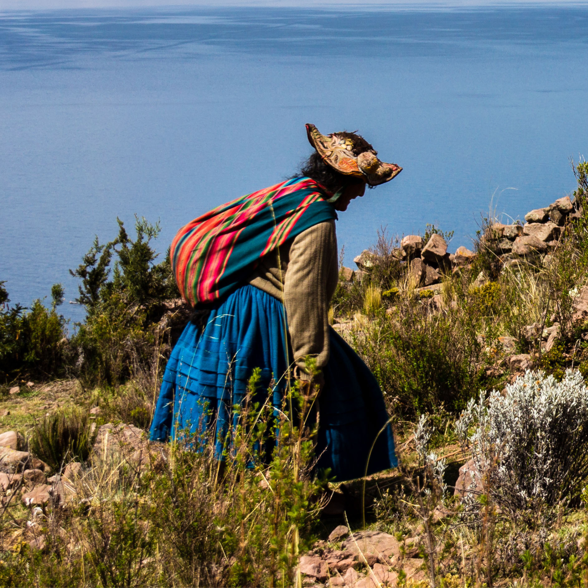 Photograph of a woman wearing traditional Andean clothing, including a colorful striped shawl and a distinctive hat, walking through rocky terrain with sparse vegetation. Background features a large body of water under a clear sky, highlighting a rural, mountainous landscape.