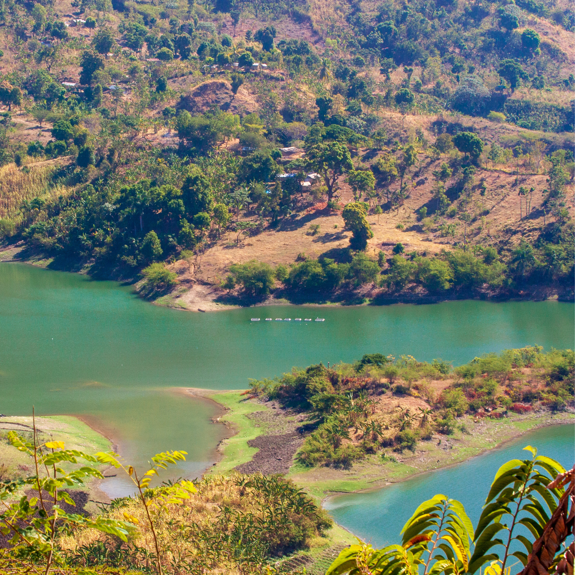 Photograph showing a winding river surrounded by lush greenery and dry patches of land with scattered trees and small structures. The scene highlights natural landscape contrasts with vibrant green vegetation near water and brown, arid areas further inland.