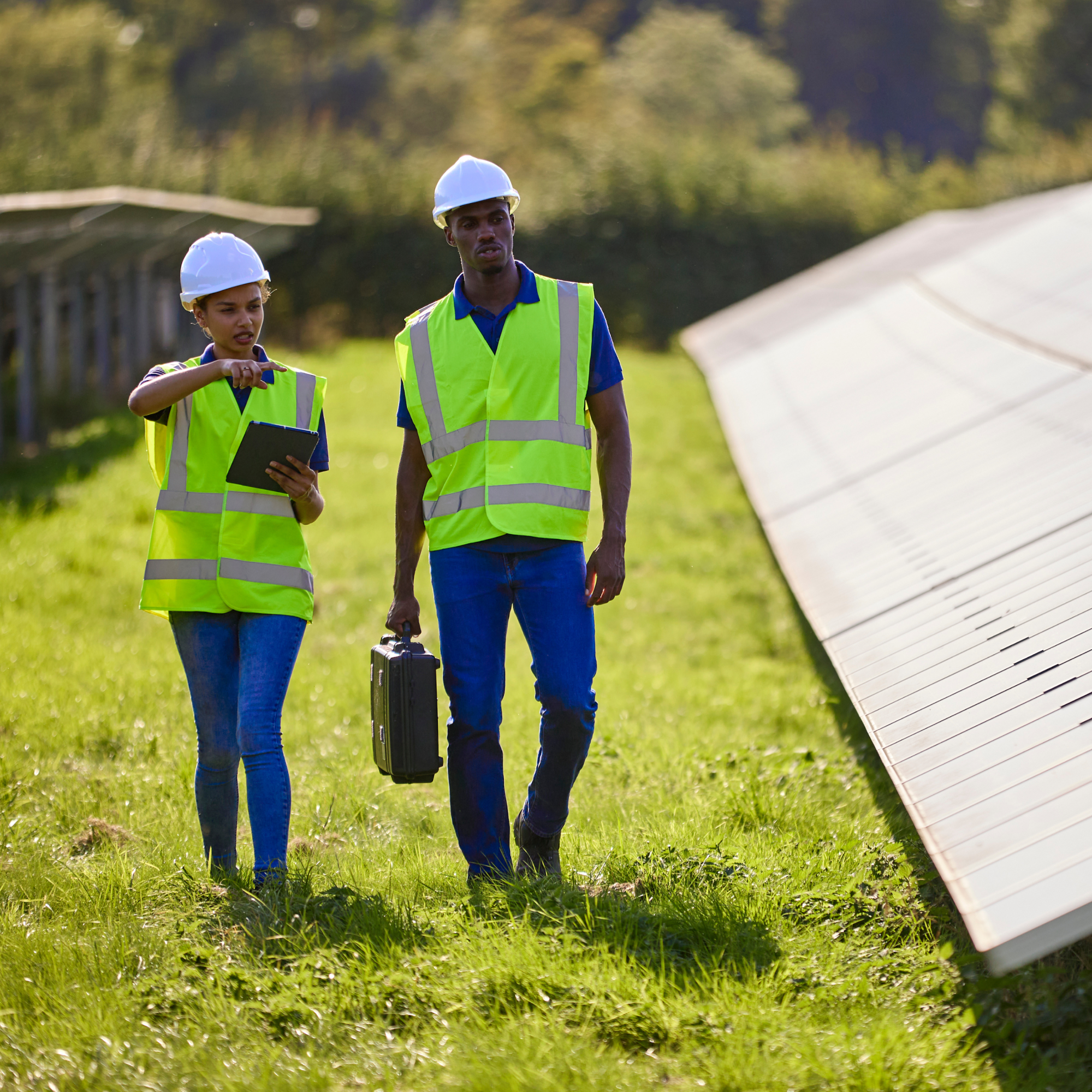 Photograph showing two workers wearing white hard hats and neon yellow safety vests walking beside solar panels in a grassy field. One worker holds a tablet and points ahead, while the other carries a black toolbox, indicating inspection or maintenance activity at a solar energy site.