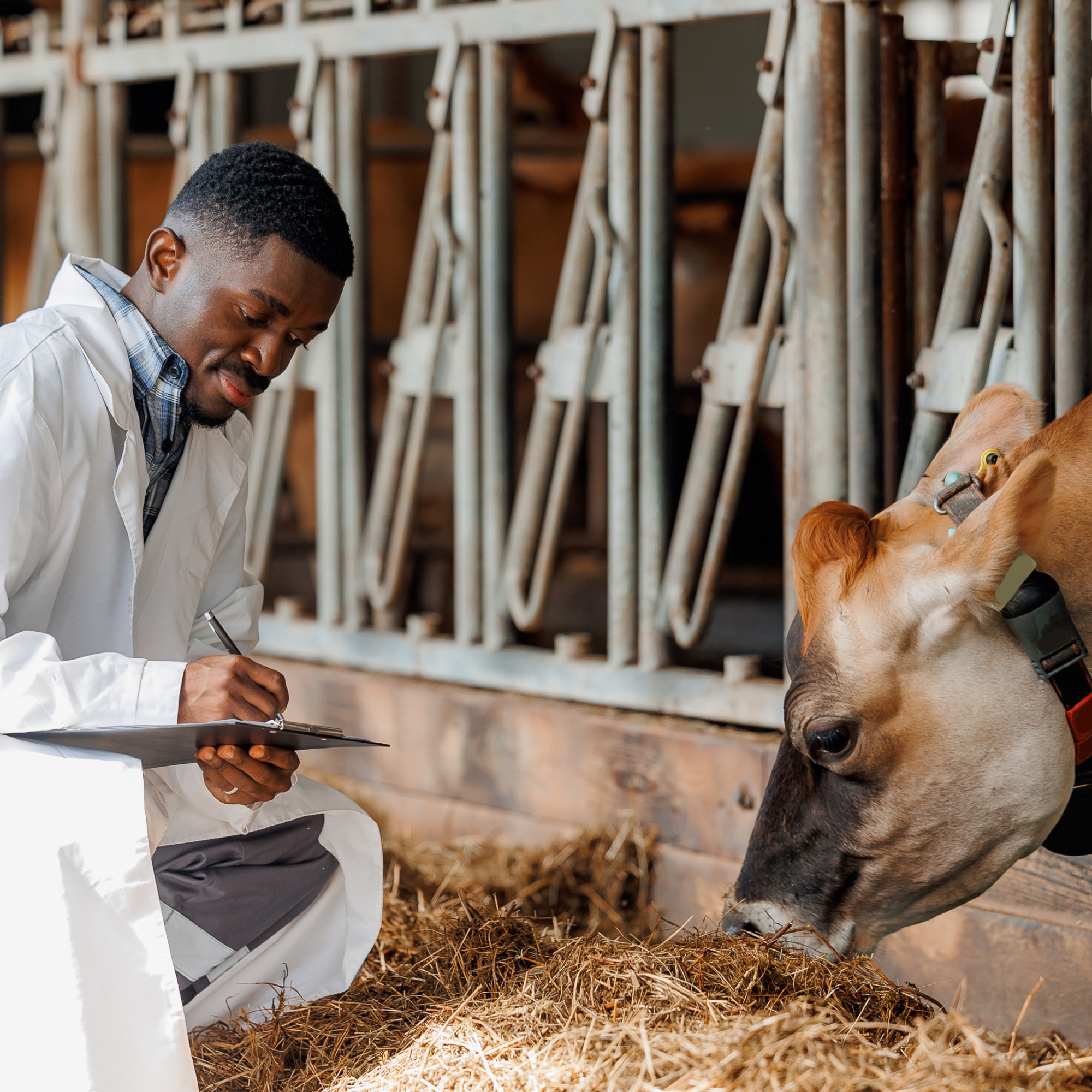 Photograph showing a veterinarian or agricultural scientist in a white lab coat kneeling and taking notes on a clipboard while observing a brown cow eating hay inside a barn. The setting highlights animal care and monitoring practices, with metal railings and straw bedding visible in the background.