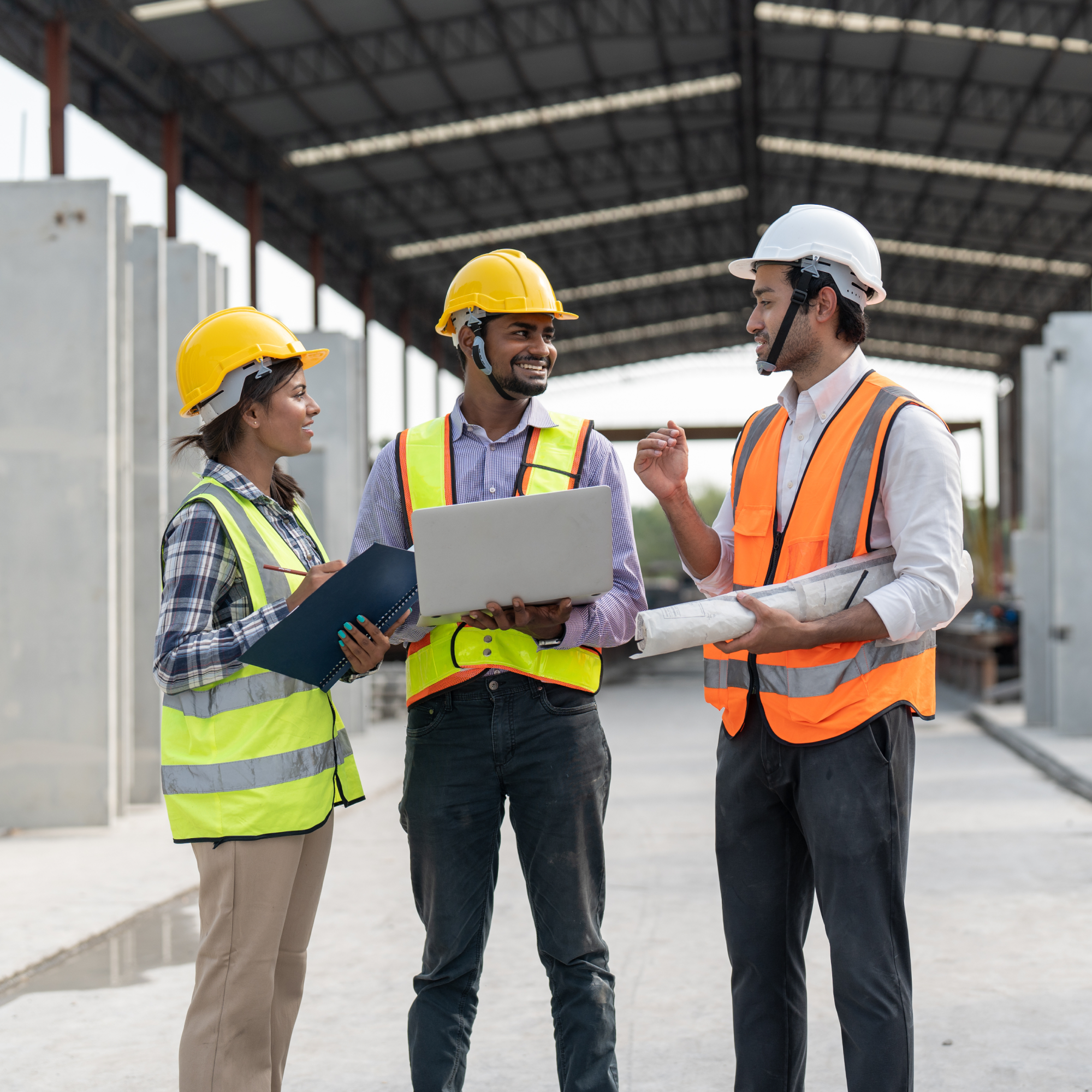 Photograph of three construction workers wearing safety helmets and reflective vests engaged in discussion at a construction site with concrete structures and a large metal roof. One worker holds a laptop, another holds rolled-up blueprints, and the third holds a clipboard, indicating collaboration on project planning or progress review.