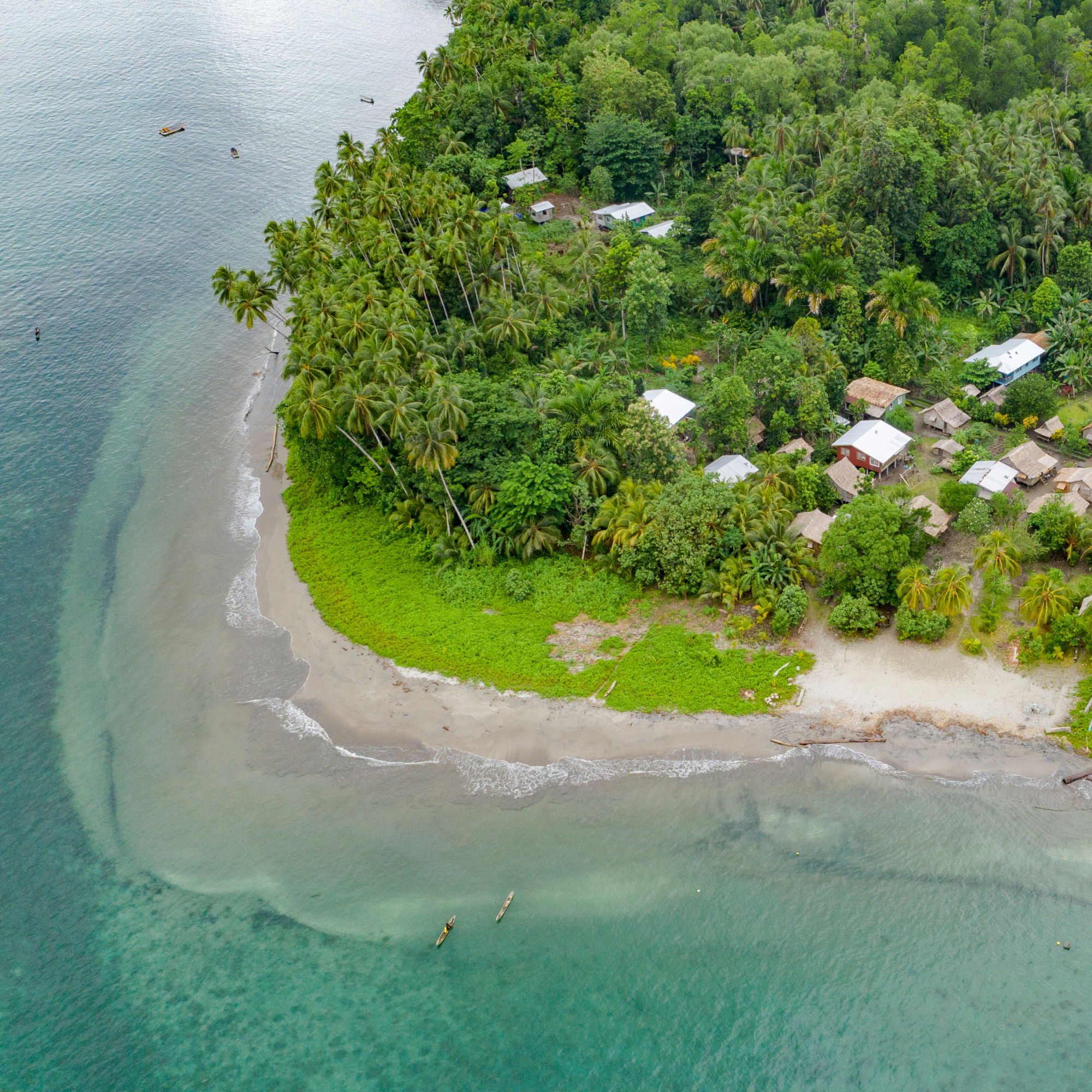 Aerial photograph showing a coastal village surrounded by dense tropical forest and bordered by a sandy beach with clear turquoise water. Small boats are visible near the shore, highlighting a fishing or maritime lifestyle within a lush, green environment.