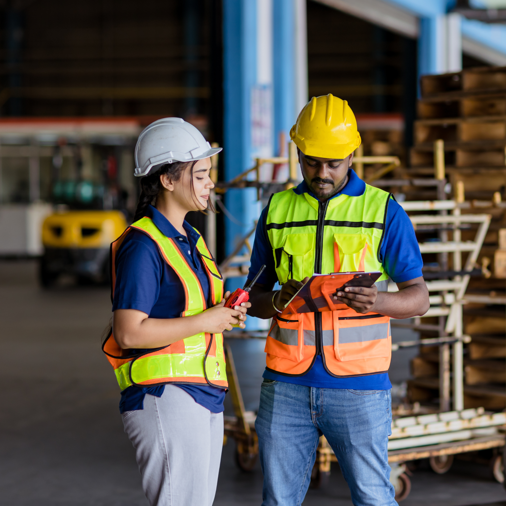 Photograph of two construction workers wearing safety helmets and high-visibility vests standing in a warehouse or industrial setting. One worker holds a clipboard while the other holds a measuring tape, indicating a discussion or inspection related to work tasks.