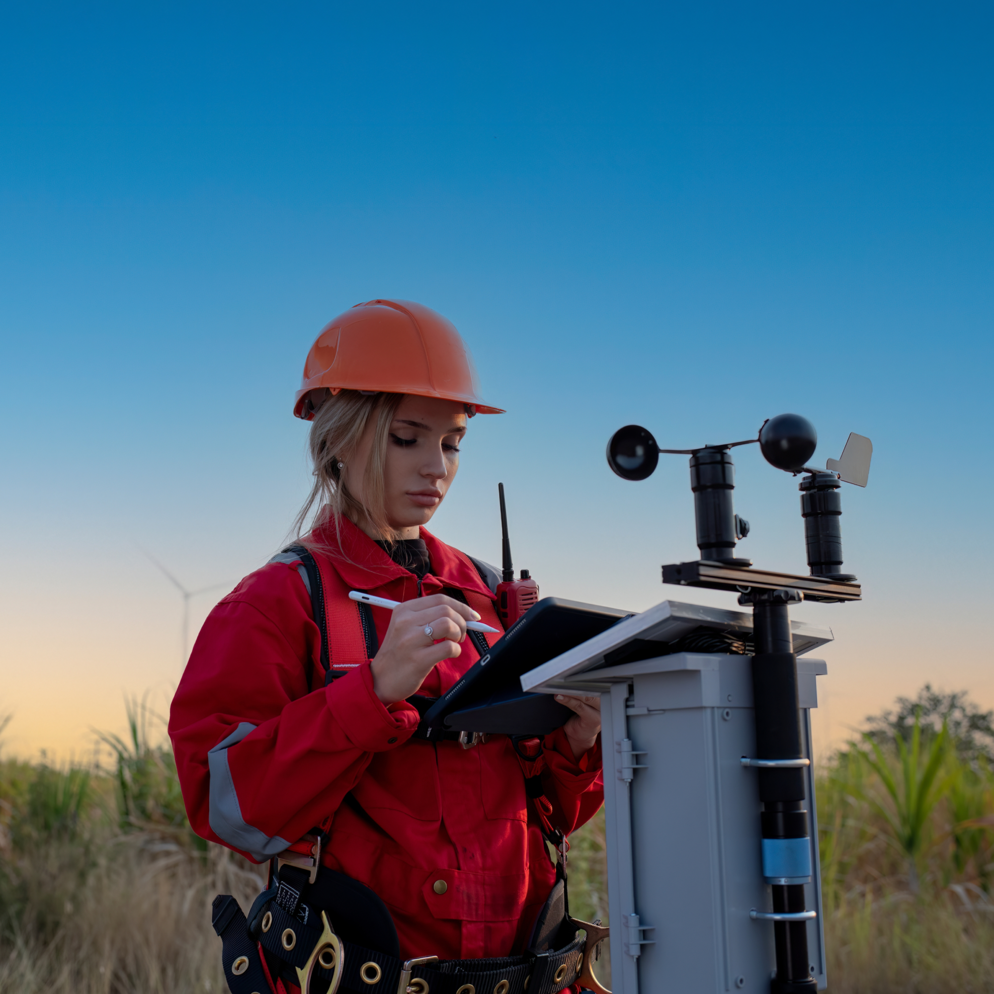 Photograph of a young white woman, field technician wearing a red safety jacket and orange hard hat, using a tablet to record data from a weather monitoring station with anemometer and wind vane sensors. Background shows tall grass and a wind turbine under a clear blue sky at sunset, indicating environmental data collection for wind energy or weather analysis. (project FP068)