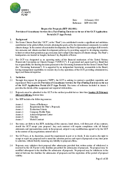 Download RFP 2022/001: Consultancy Service for a Fact Finding Exercise on the use of GCF Applications Portal