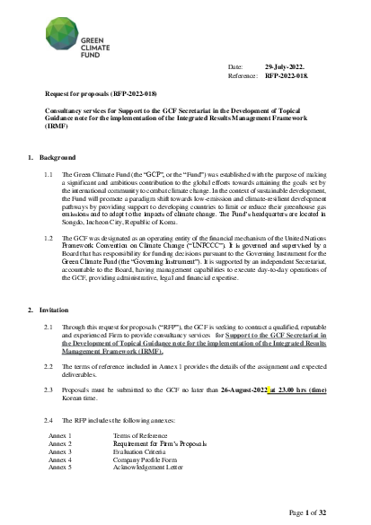 Download     RFP-2022-018:              Provision of Support to the GCF Secretariat in the Development of Topical Guidance note for the implementation of the Integrated Results Management Framework (IRMF)
