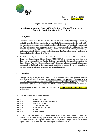 Download Consultancy Services for  Phase 2 of Remediation's to Address Monitoring and Evaluation (M&E) Gaps in the GCF Portfolio.