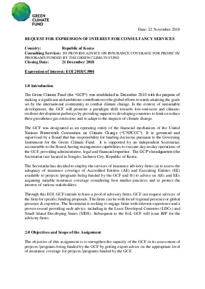 Eoi 18 C 004 Consultancy Services To Provide Advice On Insurance Coverage For Projects Programs Funded By The Green Climate Fund Green Climate Fund