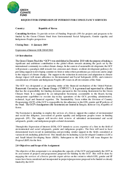 Eoi 18 C 005 Request For Expression Of Interest For Consultancy Services To Provide Review Of Funding Proposals Fp For Projects And Programs To Be Funded By The Green Climate Fund From Environmental