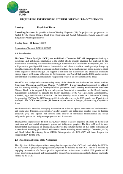 Download Request for Expression of Interest for consultancy services to provide review of Funding Proposals (FP) for projects and programs to be funded by the Green Climate Fund from Environmental Social Safeguards, Gender equality and Indigenous Peoples perspectives