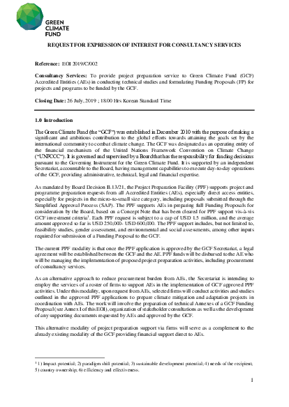 Download Consultancy Services to provide project preparation services to GCF Accredited Entities (AEs) in conducting technical studies and formulating Funding Proposals (FP) for projects and programs to be funded by GCF
