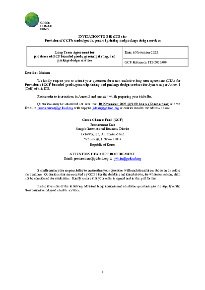 Download ITB 2023 004 - Re-Advertised:  Long Term Agreement for Provision of GCF Branded Goods, General Printing, and Package Design Services