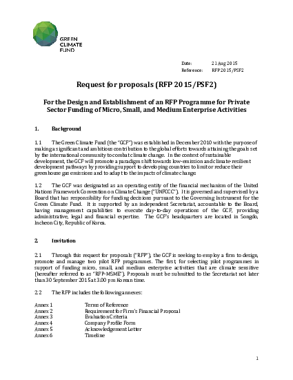 Download Design and Establishment of an RFP Programme for Private Sector Funding of Micro, Small, and Medium Enterprise Activities