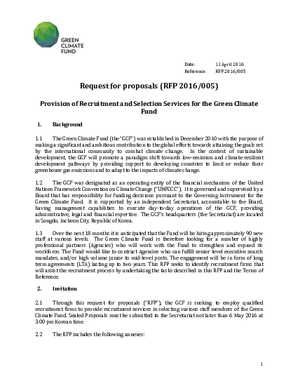 RFP 2016/005 : Recruitment Services for the GCF | Green Climate Fund