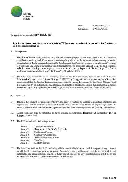 Download Provision of consultancy services towards the GCF Secretariat's review of the accreditation framework and its operationalization