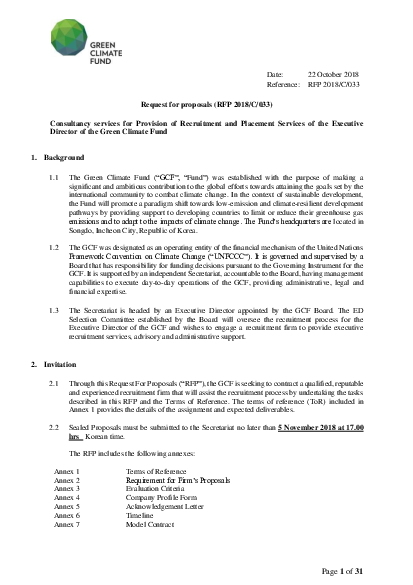 Download Consultancy Services for Provision of Recruitment and Placement Services of the Executive Director of the Green Climate Fund