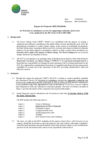 Download Consultancy services for supporting evaluations and reviews to be conducted by the IEU of the GCF in 2019-2020