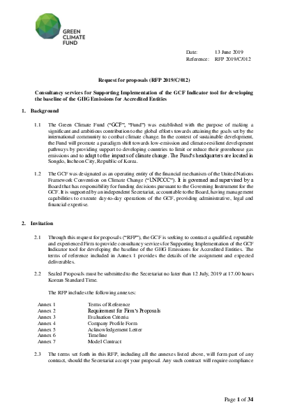 Download Consultancy services for Supporting Implementation of the GCF Indicator tool for developing the baseline of the GHG Emissions for Accredited Entities