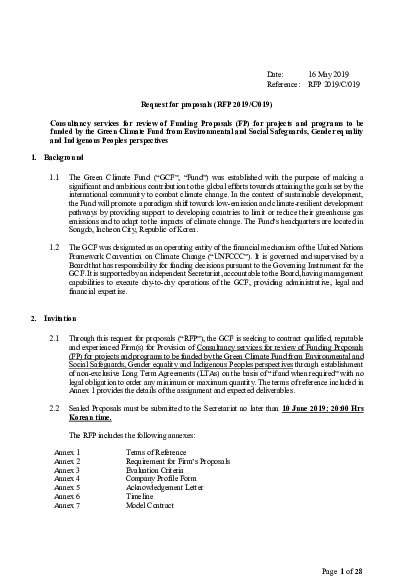 Download Consultancy services for review of Funding Proposals (FP) for projects and programs to be funded by the Green Climate Fund from Environmental and Social Safeguards, Gender equality and Indigenous Peoples perspectives