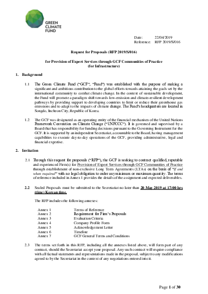 Download Request for Proposals (RFP 2019/S/016) for Provision of Expert Services through GCF Communities of Practice (for Infrastructure)