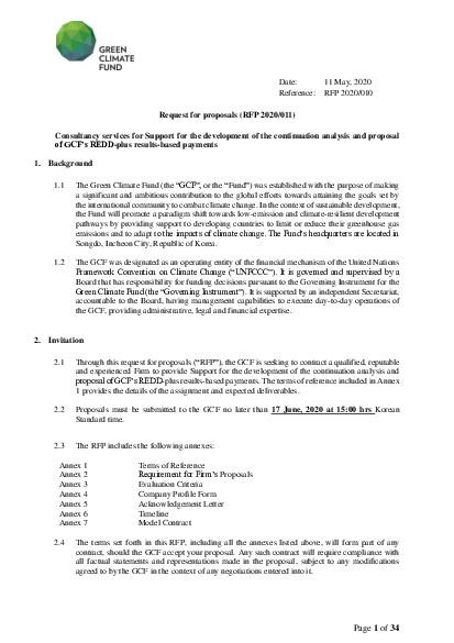 Download Consultancy services for Support for the development of the continuation analysis and proposal of GCF’s REDD-plus results-based payments