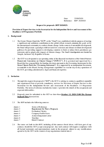 Download Provision of Expert Services to the Secretariat for the Independent Review and Assessment of the Readiness 1.0 Programme Portfolio