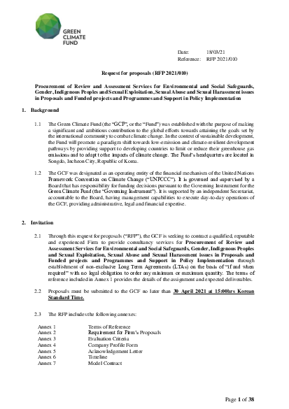 Download Procurement of Review and Assessment Services for Environmental and Social Safeguards, Gender, Indigenous Peoples and Sexual Exploitation, Sexual Abuse and Sexual Harassment issues in Proposals and Funded projects and Programmes and Support in Policy Implementation